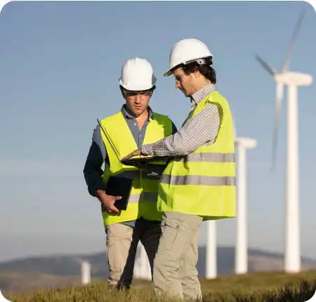 Ingenieros de la Universidad de América analizando proyectos de energía renovable en campo eólico