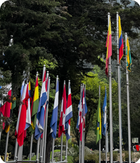 Banderas internacionales en el Centro de Idiomas CLUA de la Universidad de América en Bogotá