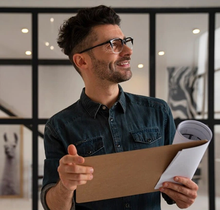 Profesional con carpeta en mano en la Especialización en Gerencia de la Calidad Virtual de la Universidad de América