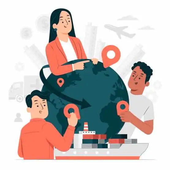 Ilustración de personas conectando ubicaciones en un mapa global para representar la internacionalización del currículo.