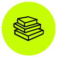 Ícono de libros apilados que representa el acceso al conocimiento y la investigación.