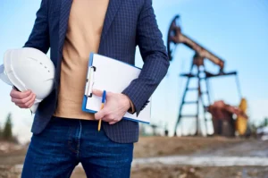 Gerencia de la industria petrolera con profesional sosteniendo casco y documentos en campo de extracción de petróleo