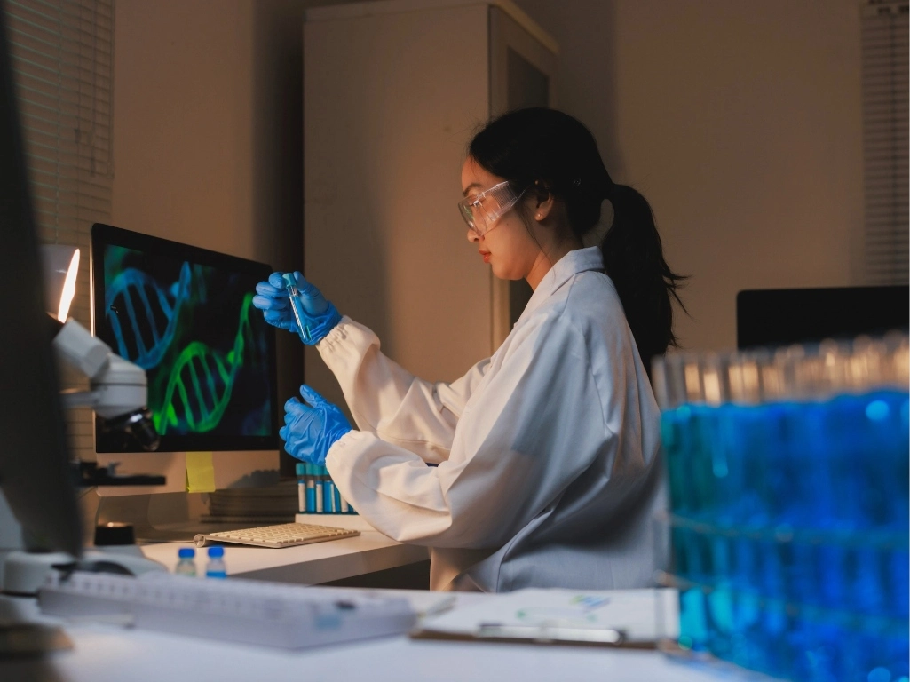 Profesional realizando un análisis de laboratorio relacionado con bioprocesos y biotecnología industrial.