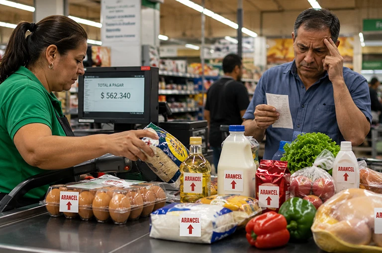Productos de la canasta familiar en la caja de un supermercado en Colombia, representando el impacto del aumento de los aranceles en el costo de vida y los precios de bienes de consumo.